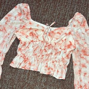 Y2k long sleeve crop tie dye smocked ruffle dainty off the shoulder fairy core